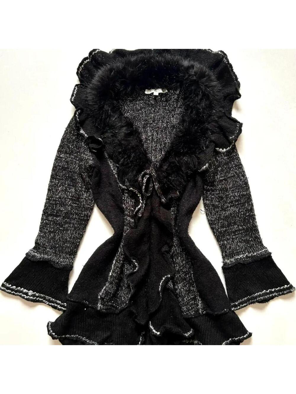 Black and grey knit cardigan with ruffled edges and faux fur trim